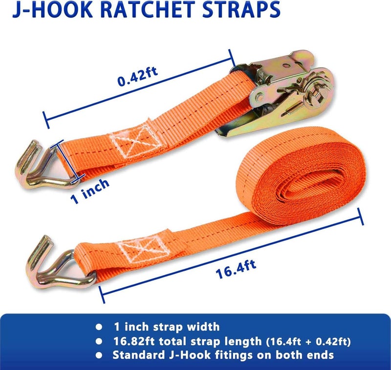 Sweecomb Ratchet Straps (4-Pack), 1 Inch x 16.4 Feet (2200lb Break Strength) with Sturdy Metal Hooks, 1x Work Gloves, Heavy Duty Tie Down Straps for Truck, Cargo Trailer, Motorcycle, Luggage, Moving (Orange) - Image 2